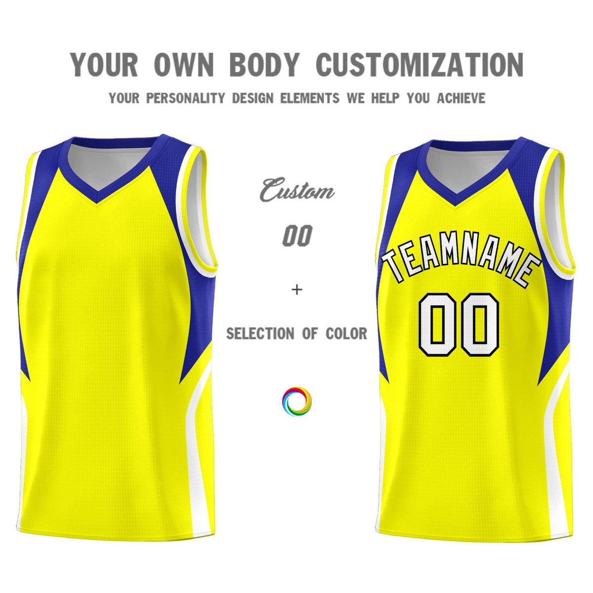 Custom Gold Royal and White Color Block Sports Uniform Basketball Jersey