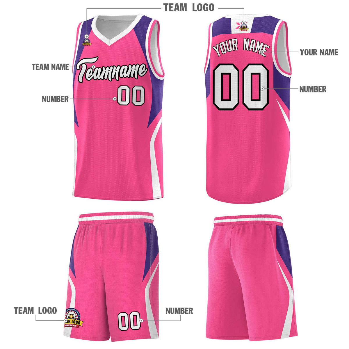 Custom Pink Purple and White Color Block Sports Uniform Basketball Jersey