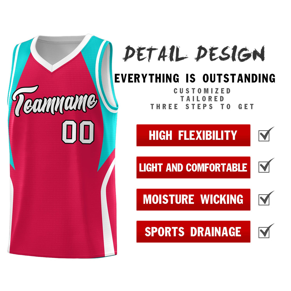 Custom Red Aqua and White Color Block Sports Uniform Basketball Jersey
