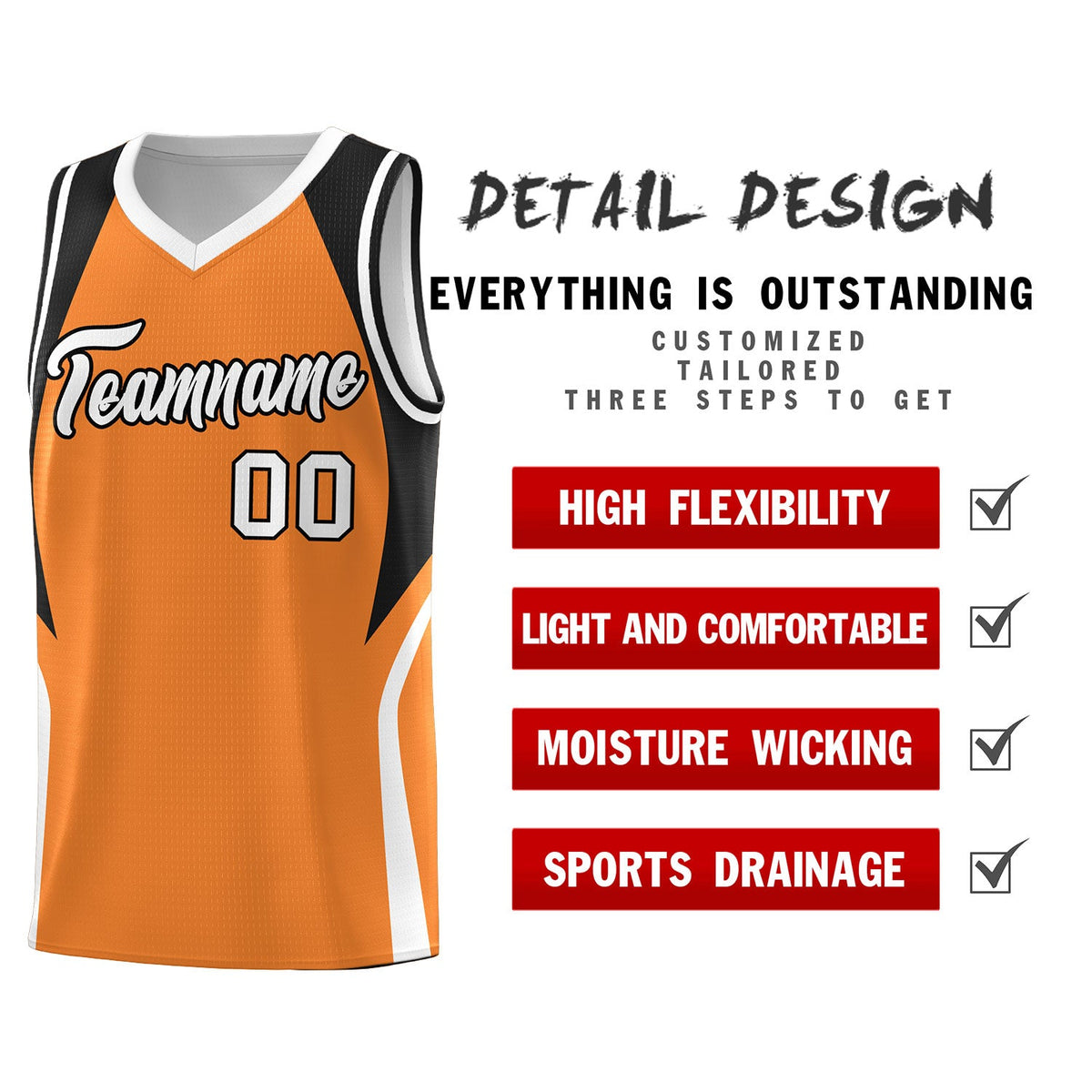 Custom Gold Orange Black and White Color Block Sports Uniform Basketball Jersey