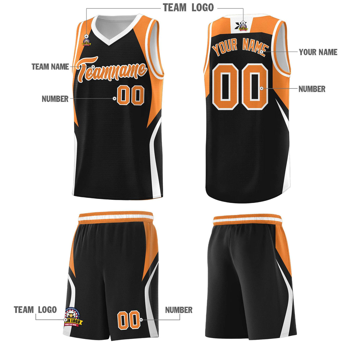 Custom Black Gold Orange and White Color Block Sports Uniform Basketball Jersey
