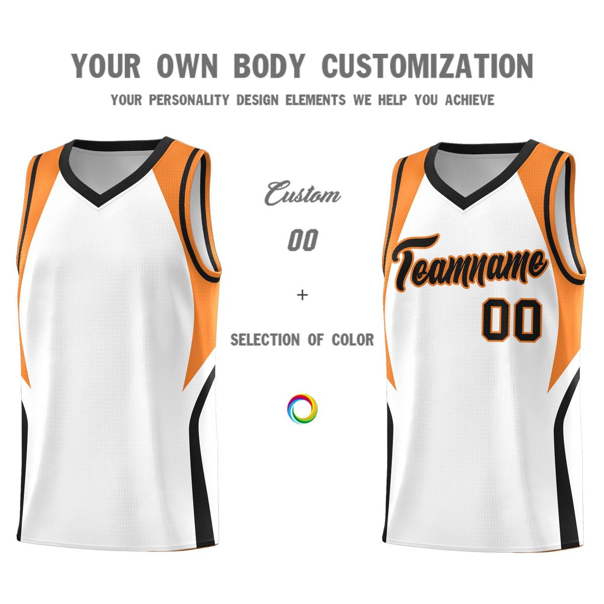 Custom White Gold Orange and Black Color Block Sports Uniform Basketball Jersey