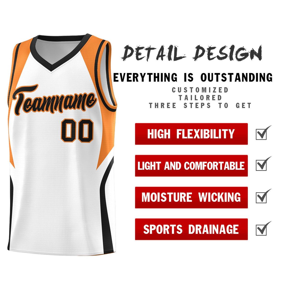 Custom White Gold Orange and Black Color Block Sports Uniform Basketball Jersey