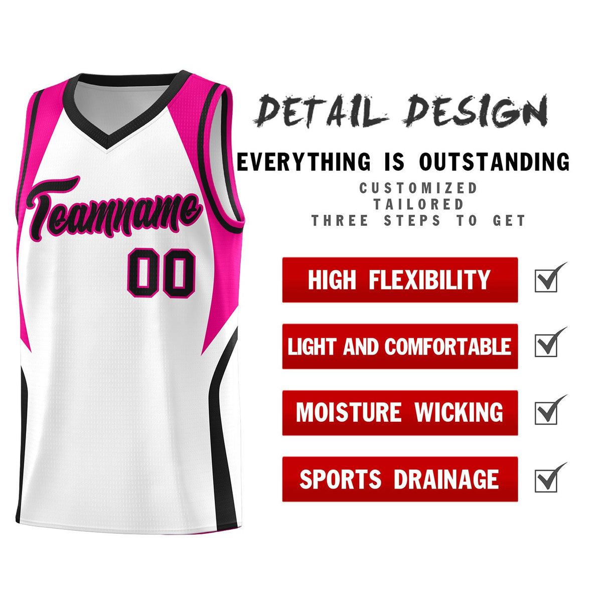 Custom White Pink and Black Color Block Sports Uniform Basketball Jersey