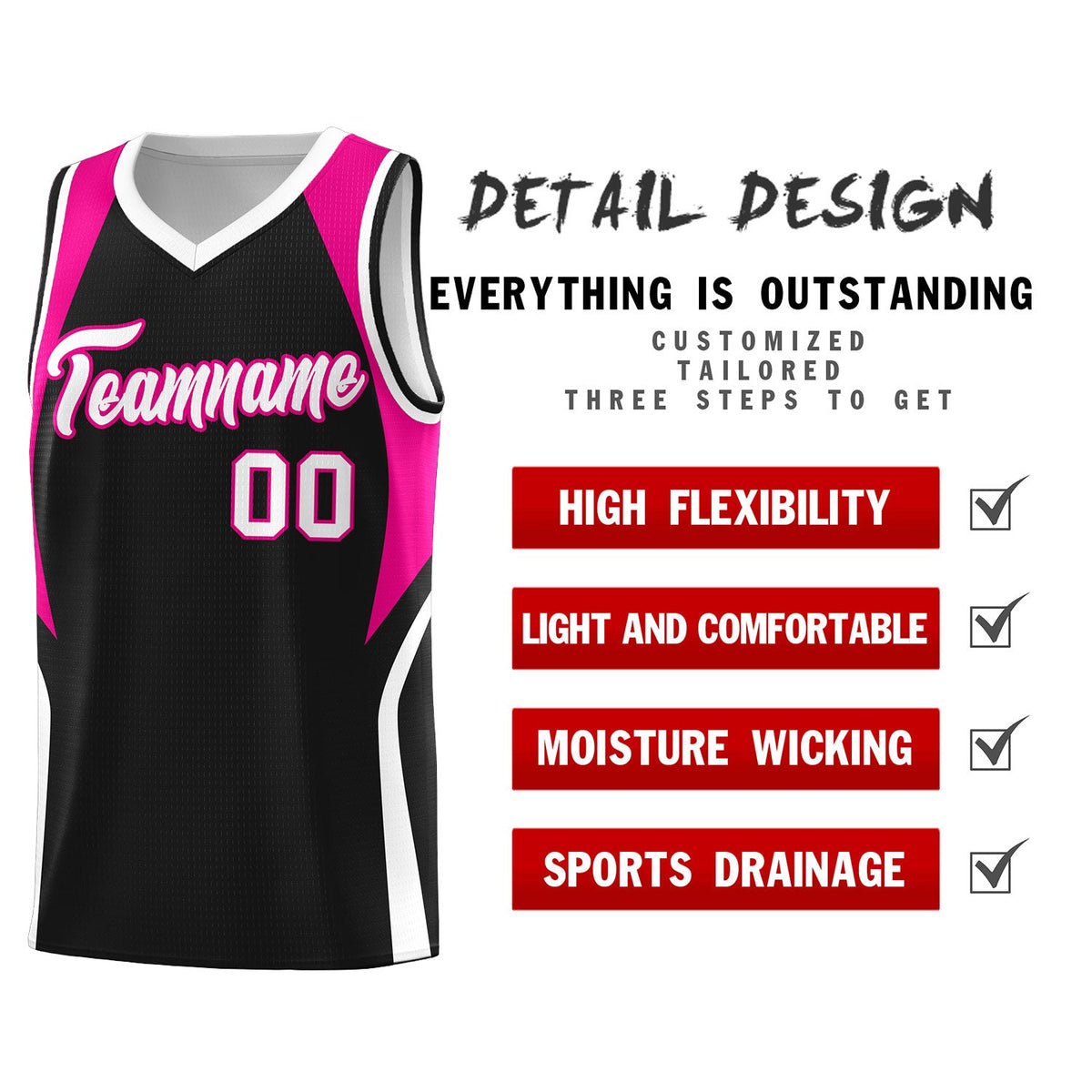 Custom Black Pink and White Color Block Sports Uniform Basketball Jersey