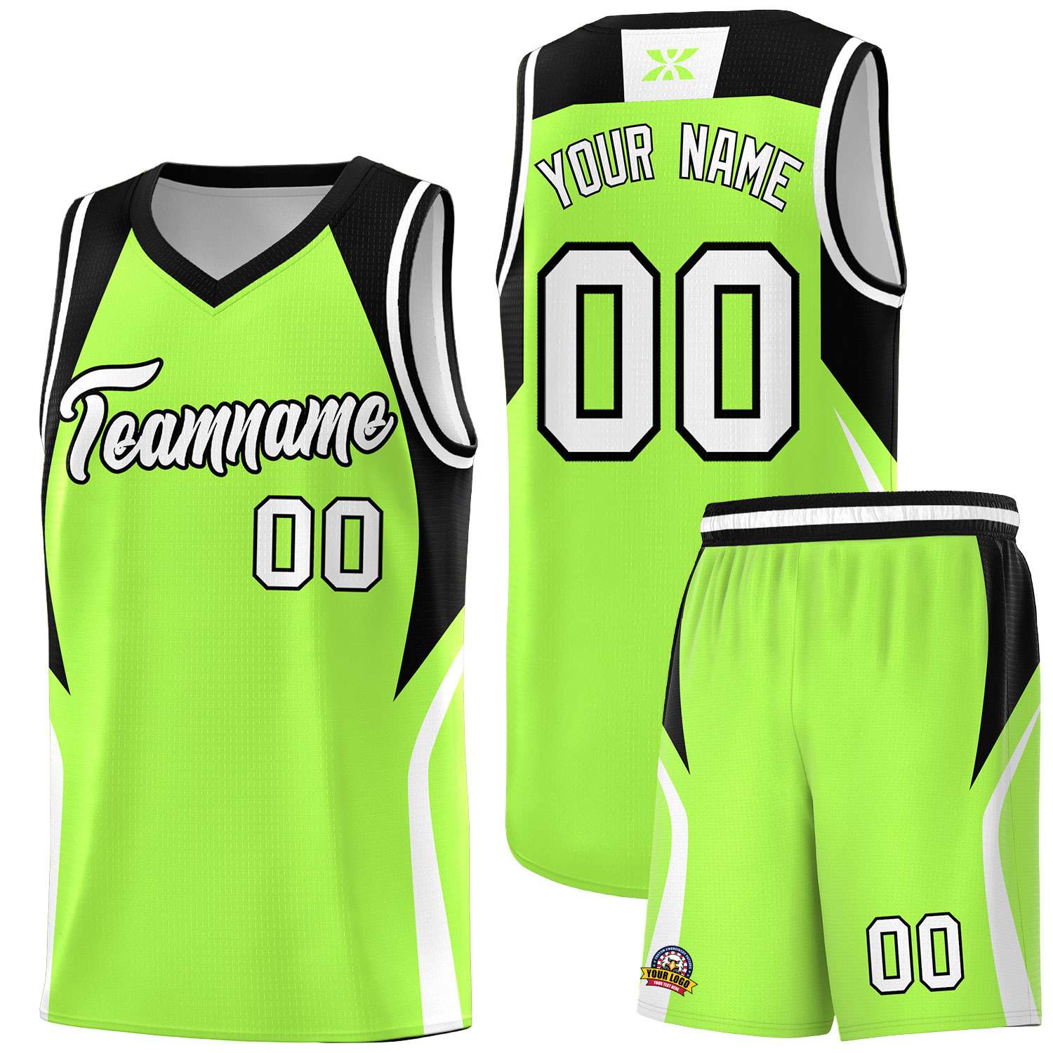 Custom Fluorescent Green Black and White Color Block Sports Uniform Basketball Jersey