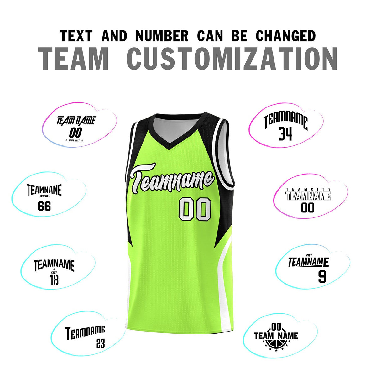 Custom Fluorescent Green Black and White Color Block Sports Uniform Basketball Jersey