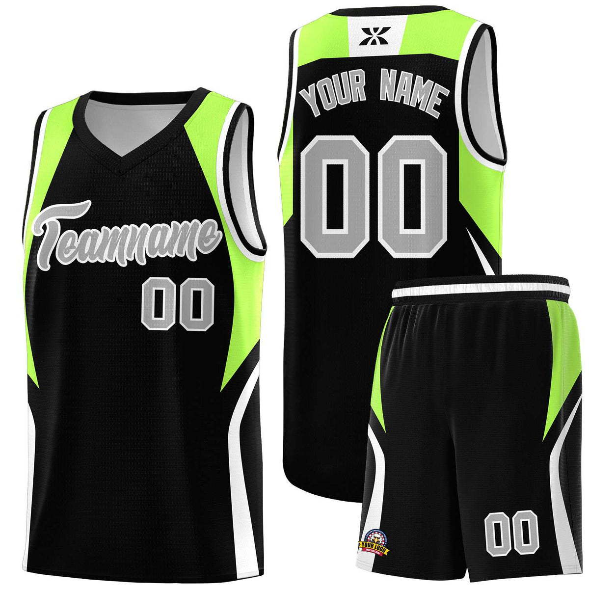 Custom Black Fluorescent Green and White Color Block Sports Uniform Basketball Jersey