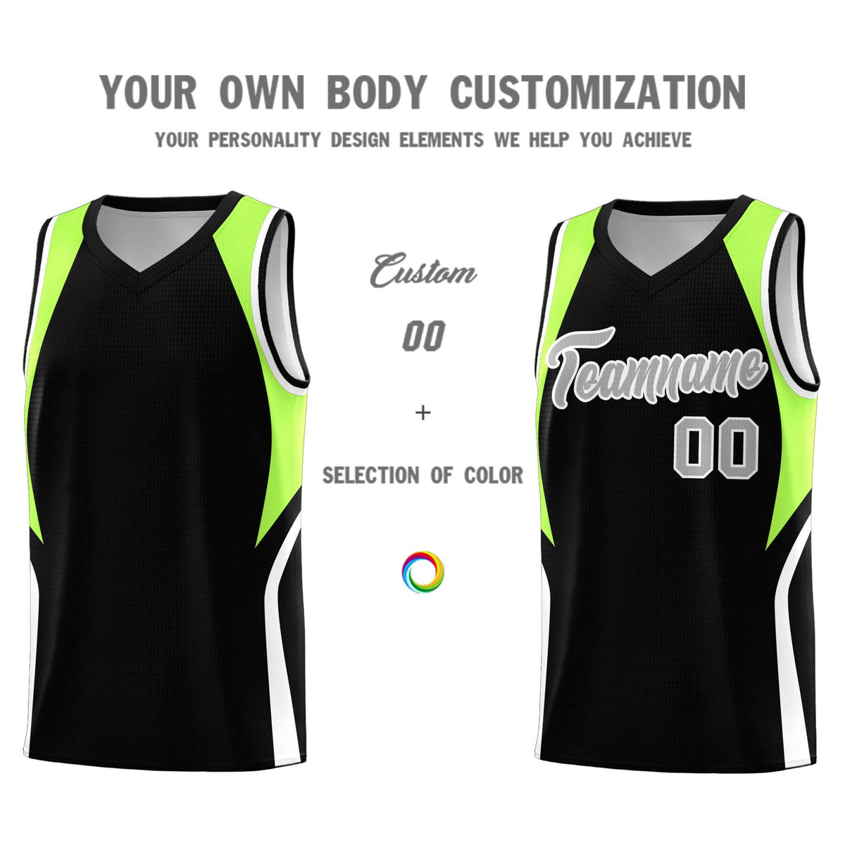 Custom Black Fluorescent Green and White Color Block Sports Uniform Basketball Jersey