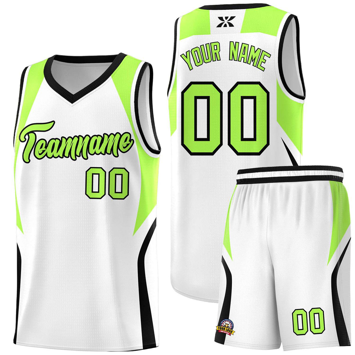 Custom White Fluorescent Green and Black Color Block Sports Uniform Basketball Jersey
