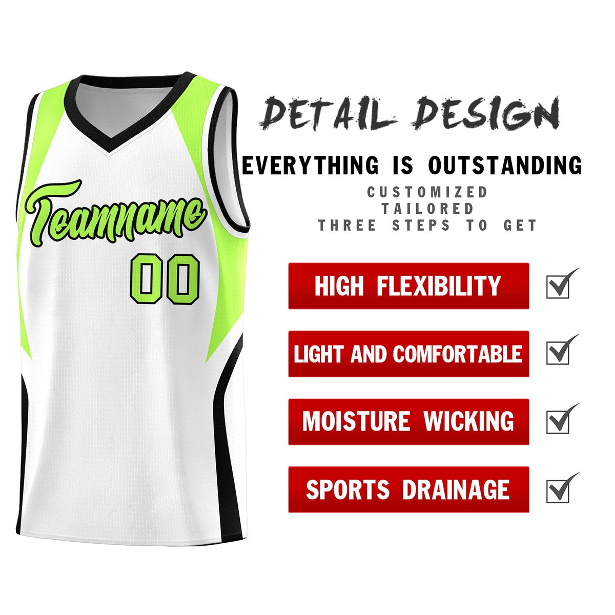 Custom White Fluorescent Green and Black Color Block Sports Uniform Basketball Jersey