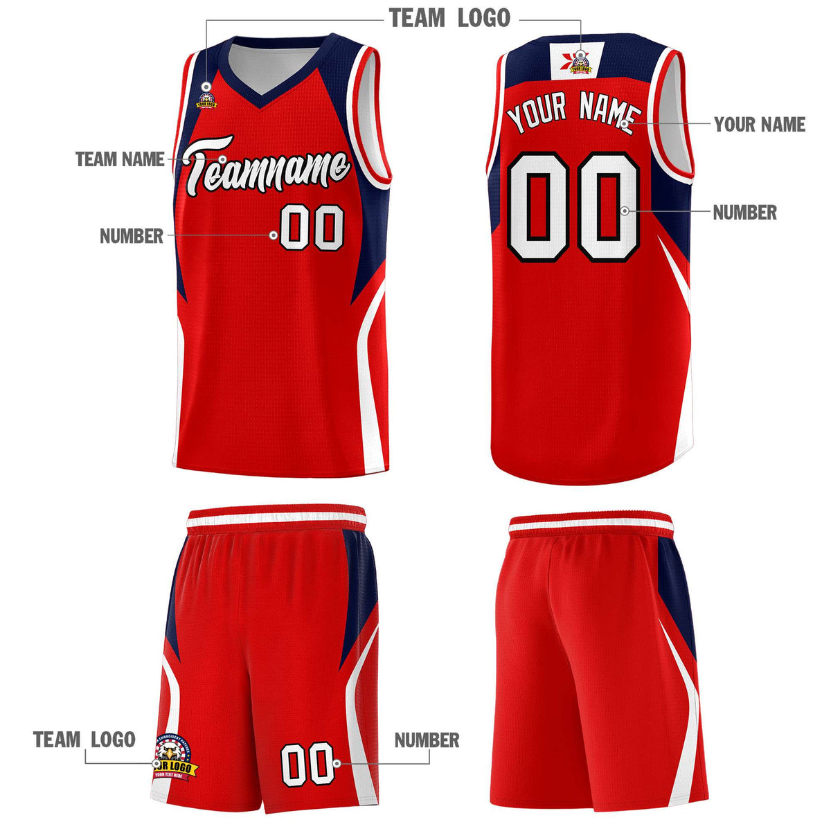 Custom Red Navy and White Color Block Sports Uniform Basketball Jersey