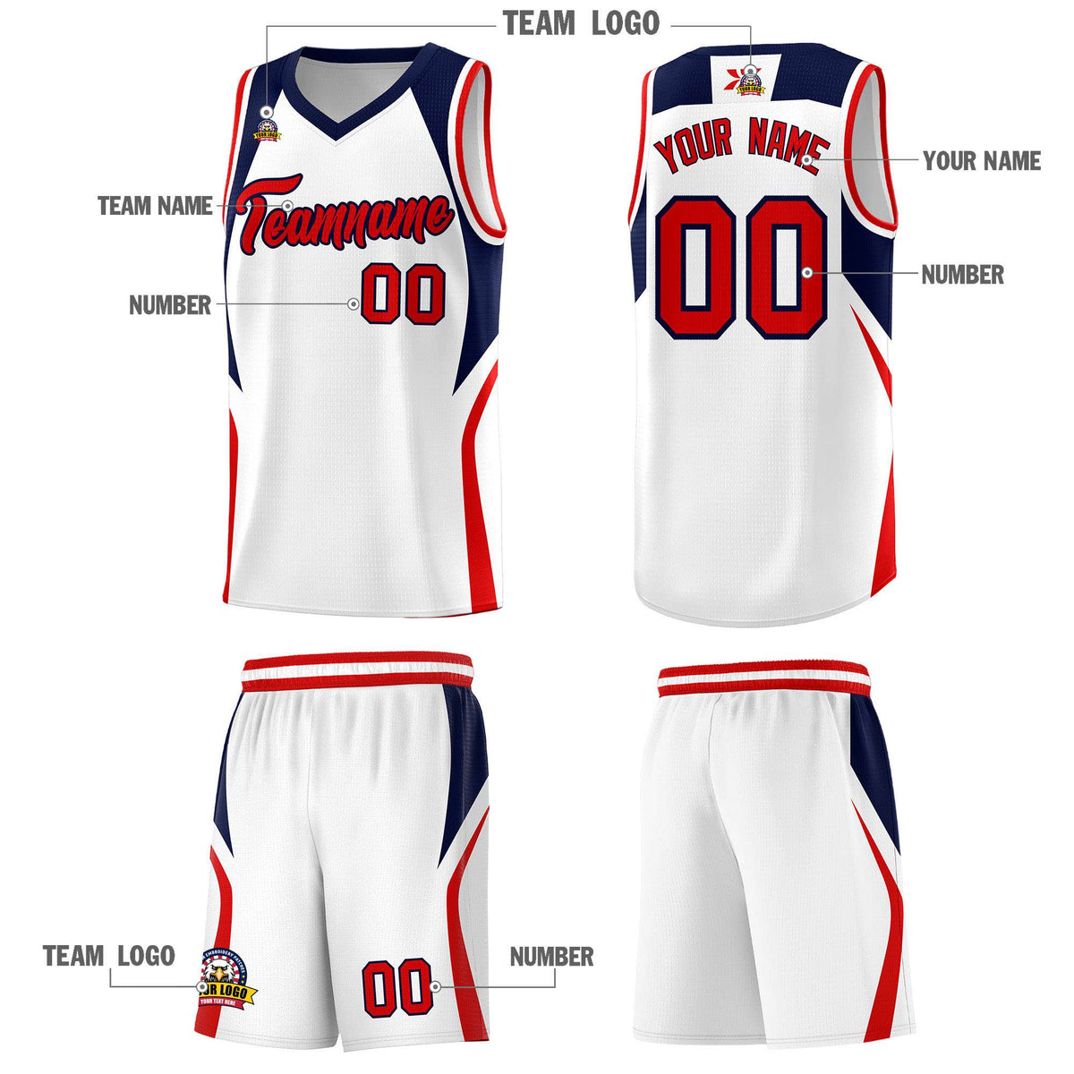 Custom White Navy and Red Color Block Sports Uniform Basketball Jersey