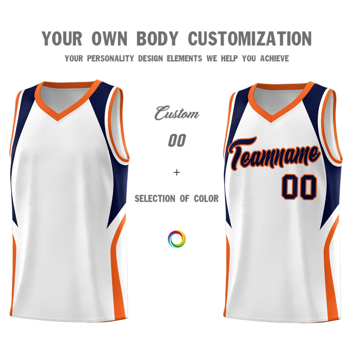 Custom White Navy and Orange Color Block Sports Uniform Basketball Jersey