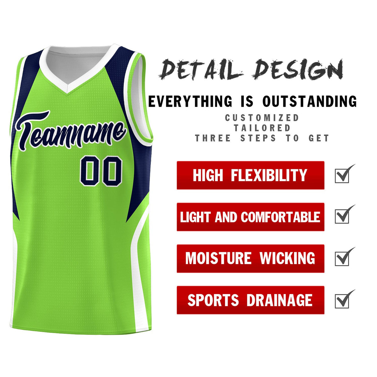 Custom Neon Green Navy and White Color Block Sports Uniform Basketball Jersey