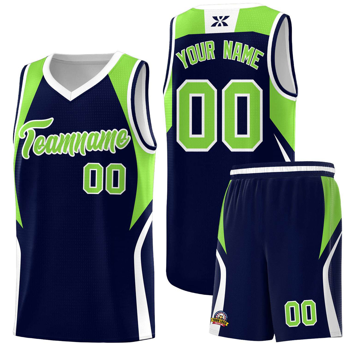 Custom Navy Neon Green and White Color Block Sports Uniform Basketball Jersey