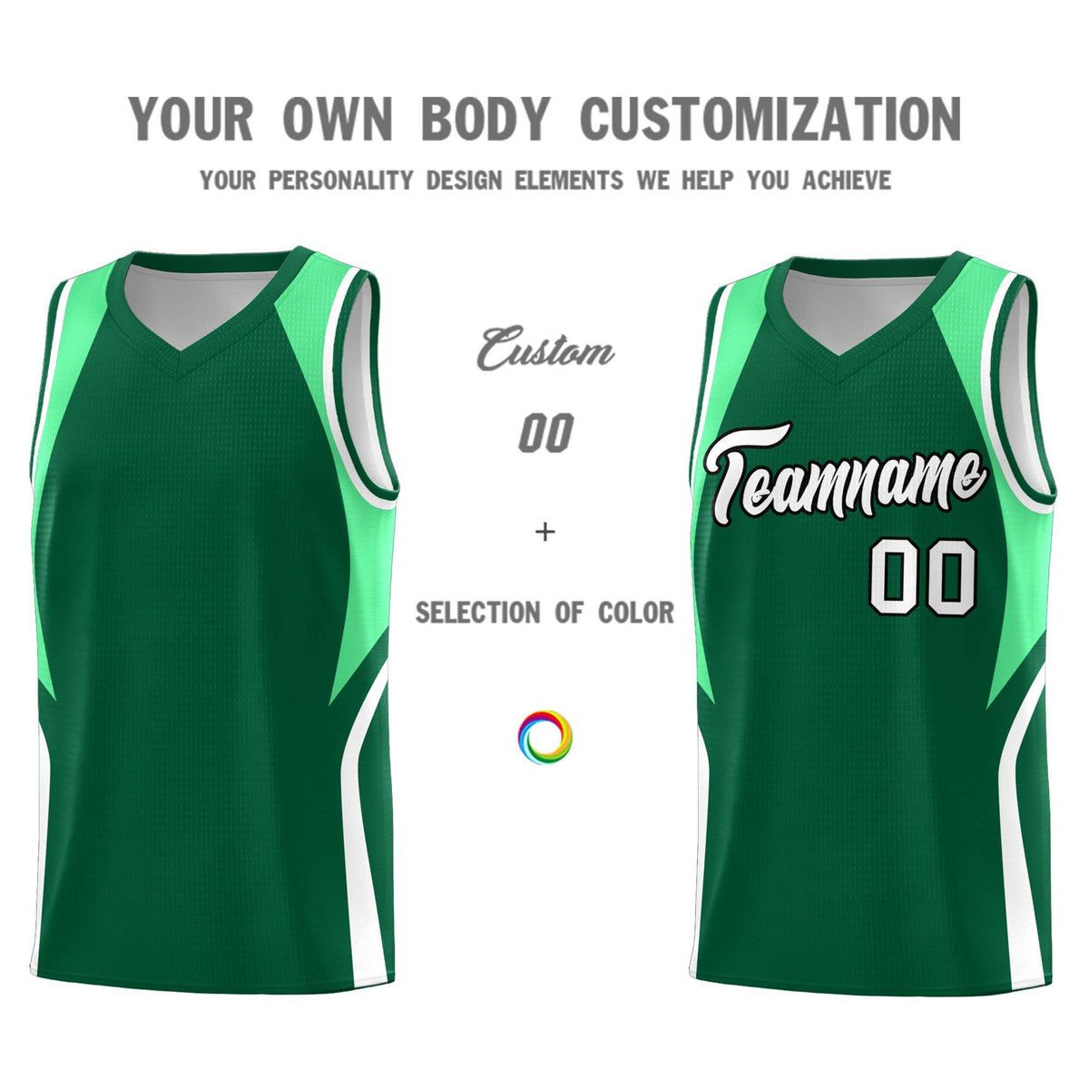 Custom Kelly Green Green and White Color Block Sports Uniform Basketball Jersey
