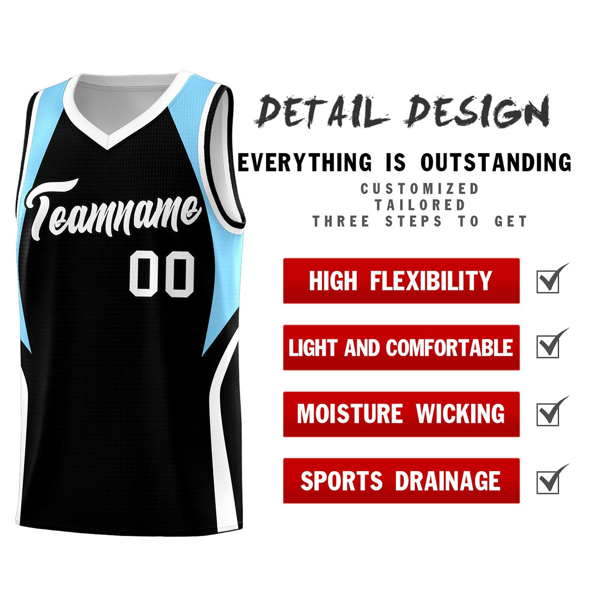 Custom Black Light Blue and White Color Block Sports Uniform Basketball Jersey