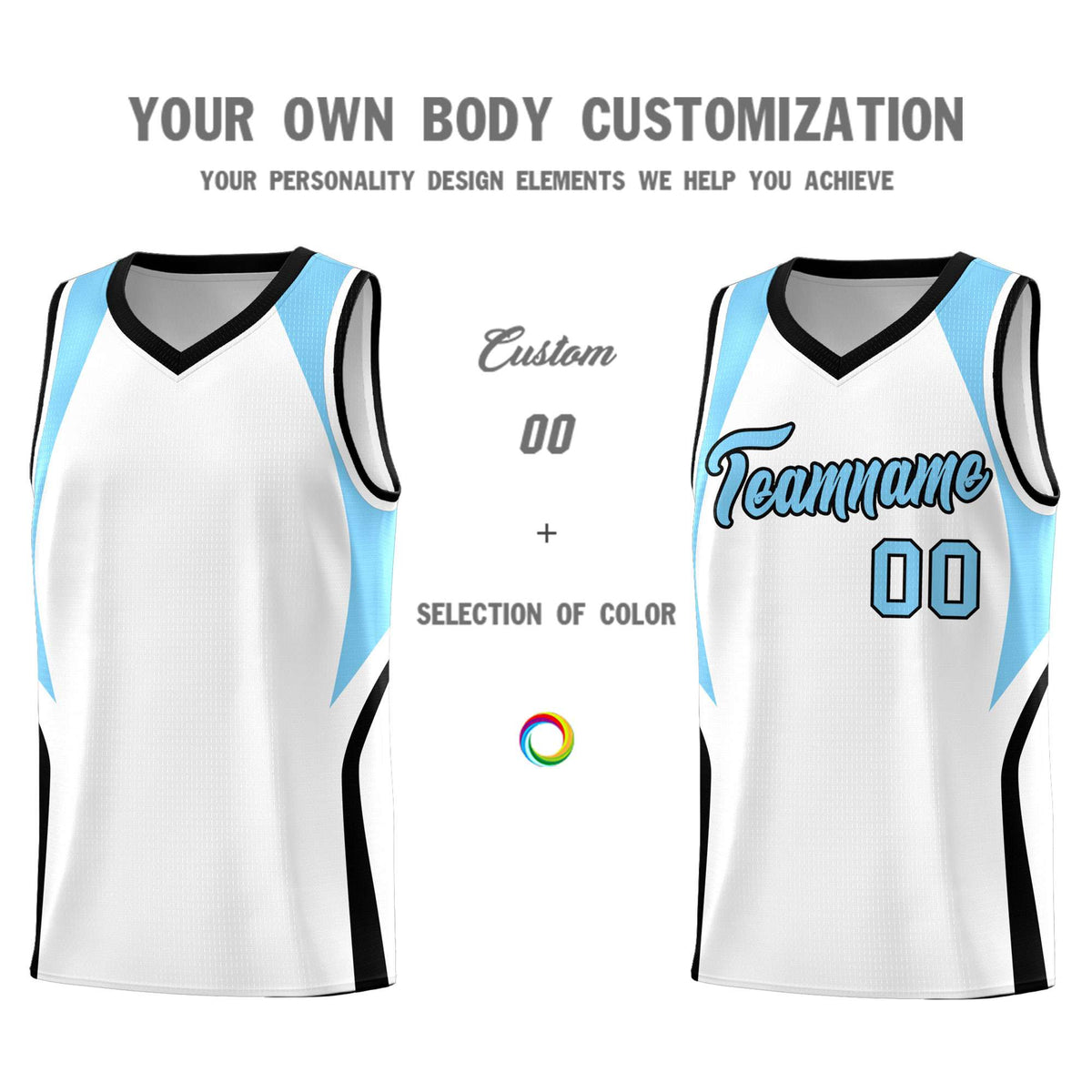 Custom White Light Blue and Black Color Block Sports Uniform Basketball Jersey