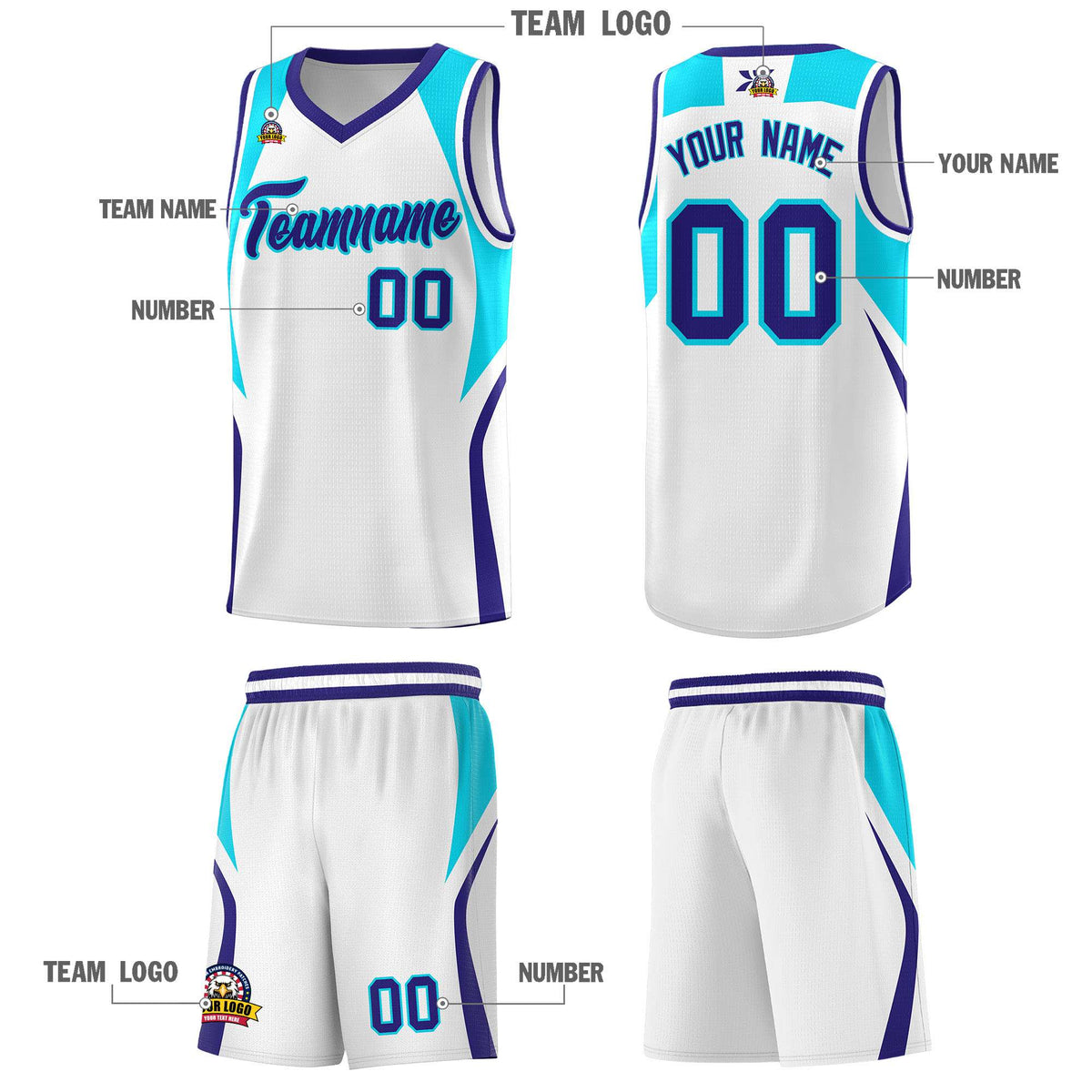Custom White Sky Blue and Royal Color Block Sports Uniform Basketball Jersey