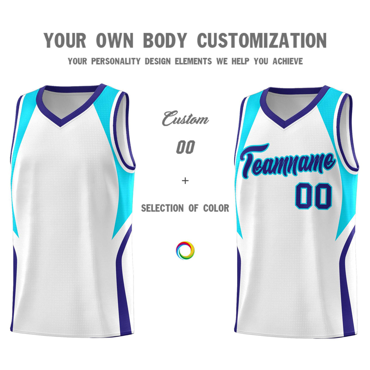 Custom White Sky Blue and Royal Color Block Sports Uniform Basketball Jersey