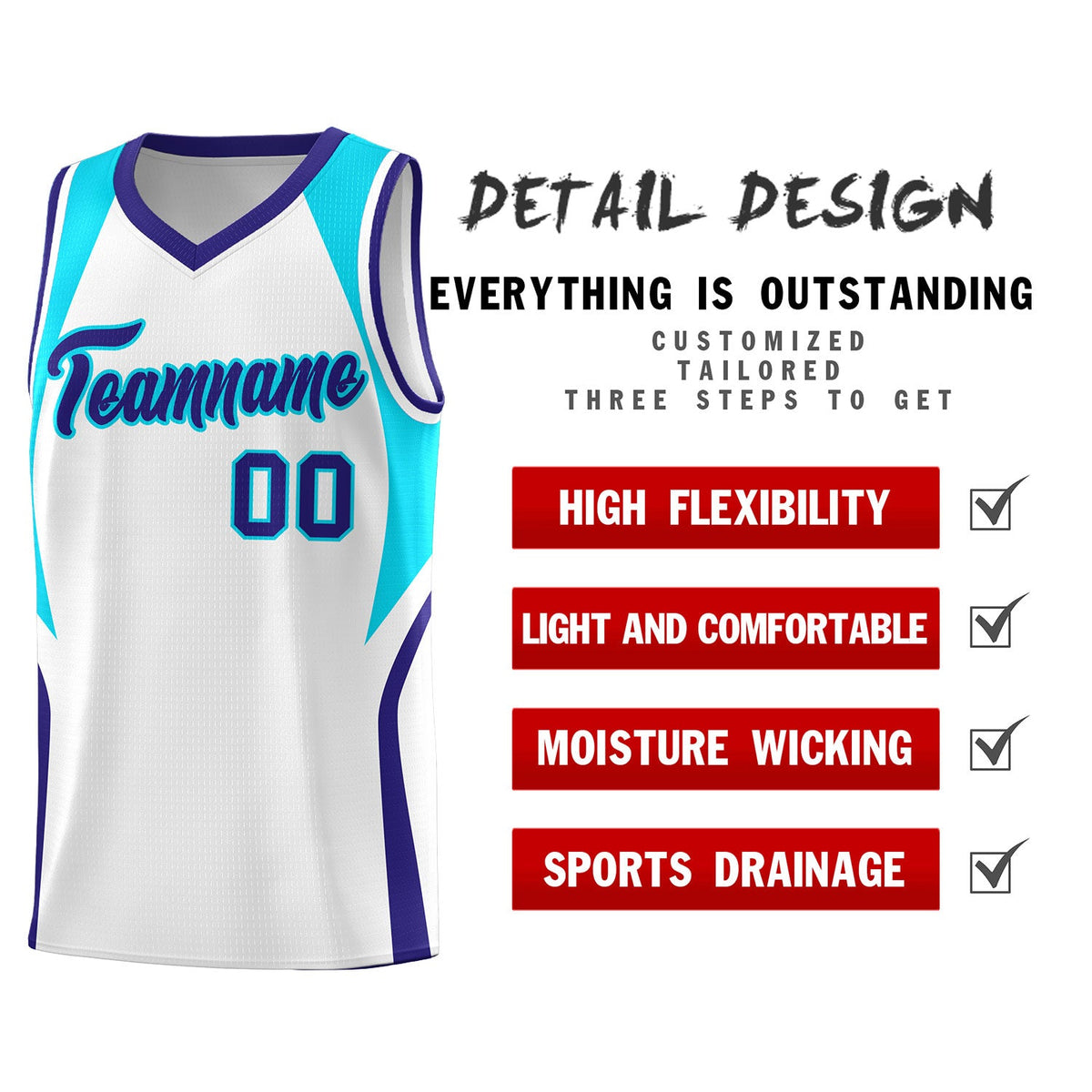 Custom White Sky Blue and Royal Color Block Sports Uniform Basketball Jersey