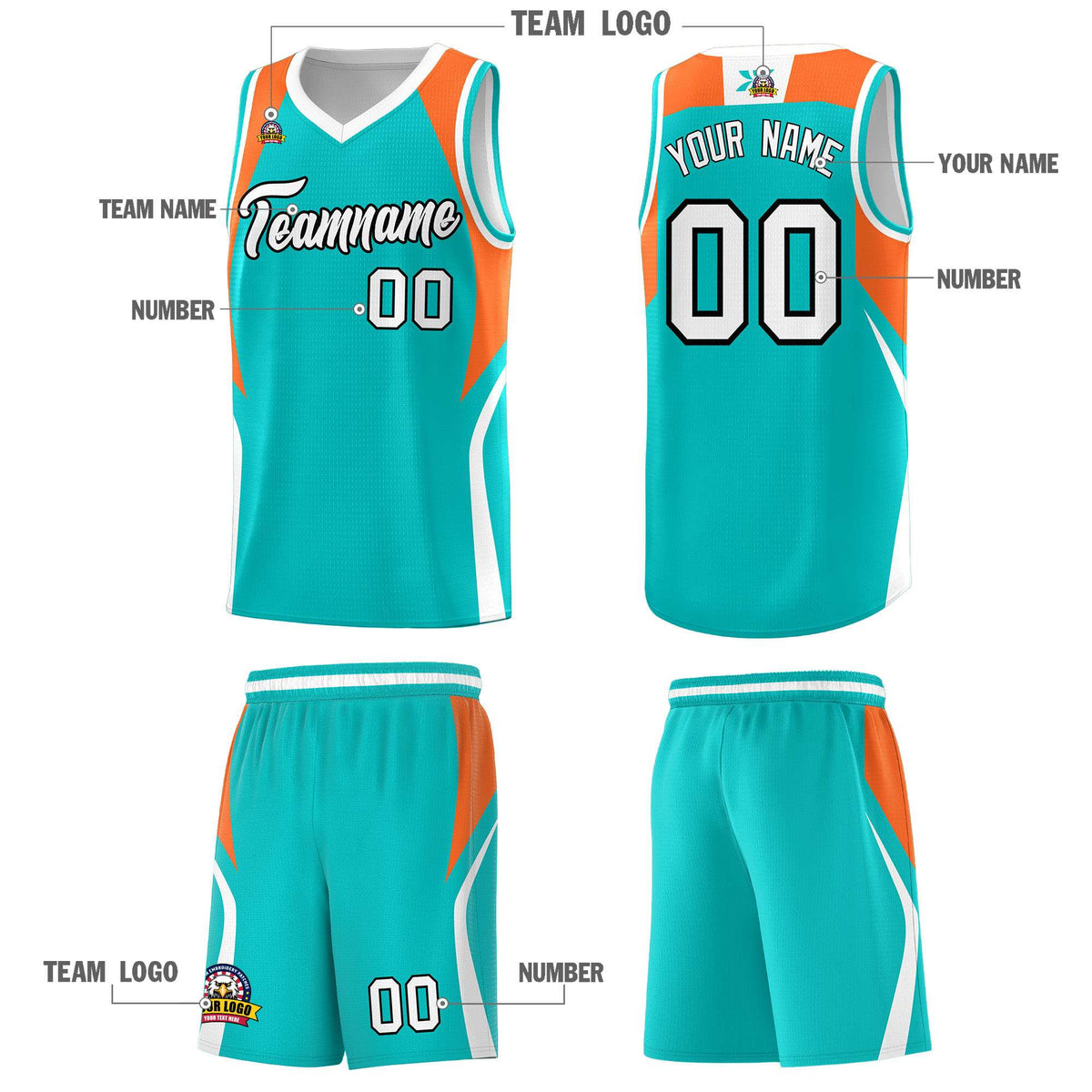 Custom Aqua Orange and White Color Block Sports Uniform Basketball Jersey