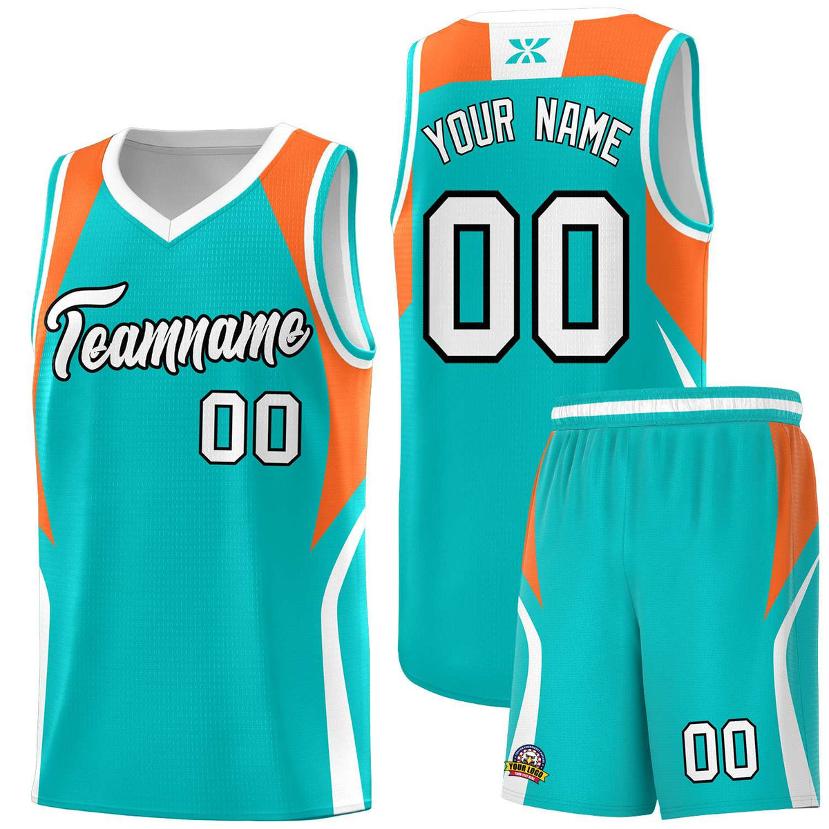 Custom Aqua Orange and White Color Block Sports Uniform Basketball Jersey