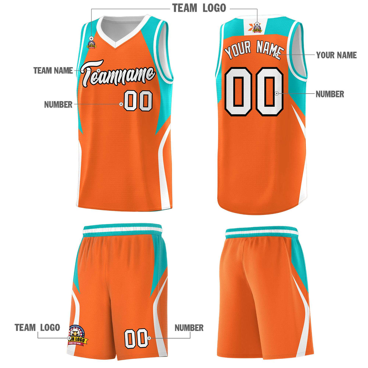 Custom Orange Aqua and White Color Block Sports Uniform Basketball Jersey