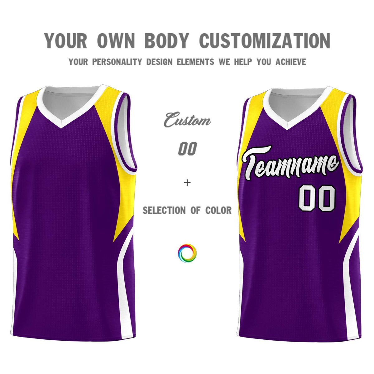 Custom Purple Gold and White Color Block Sports Uniform Basketball Jersey