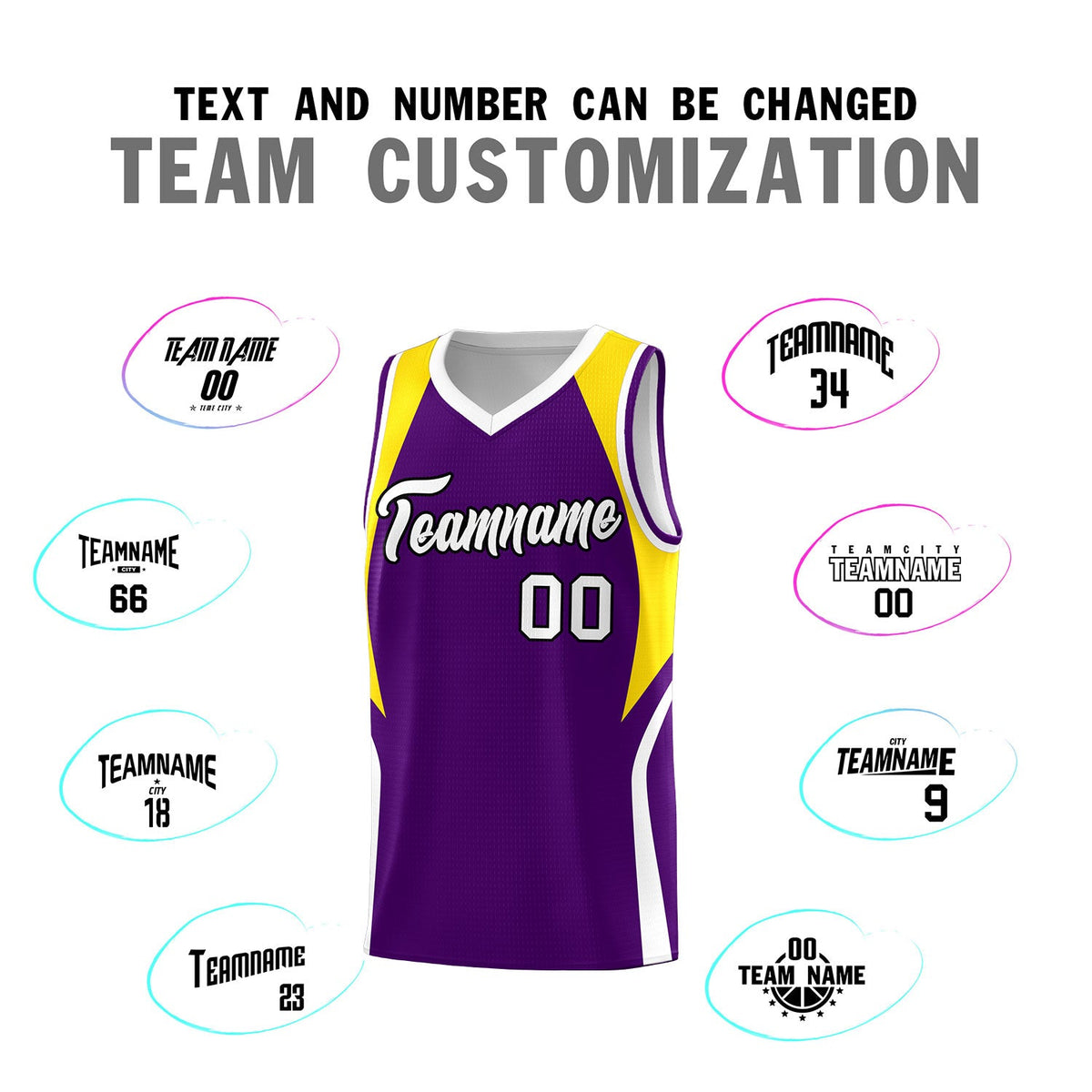 Custom Purple Gold and White Color Block Sports Uniform Basketball Jersey