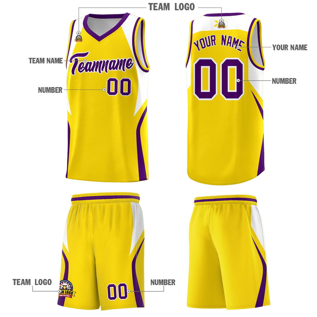 Custom Gold White and Purple Color Block Sports Uniform Basketball Jersey