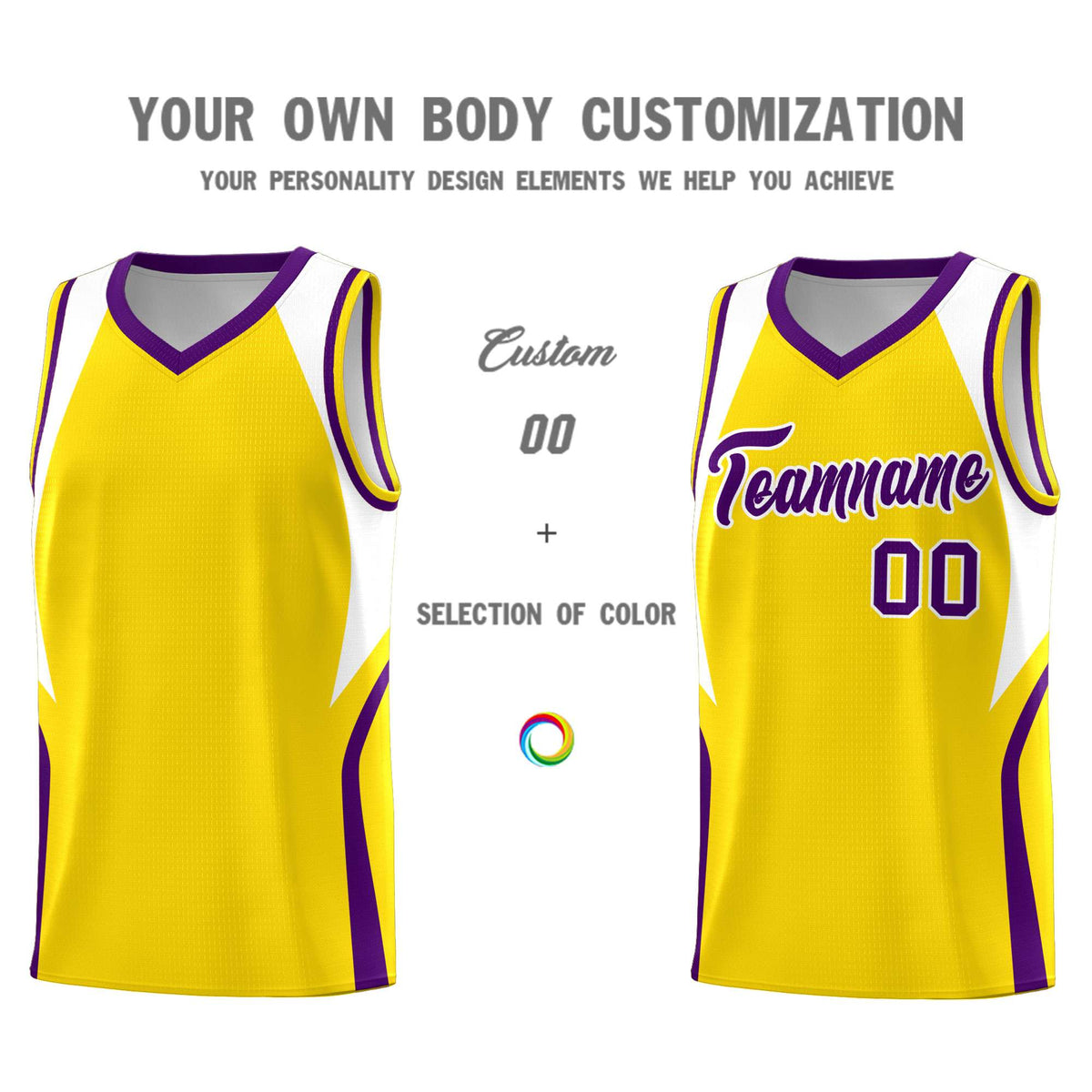 Custom Gold White and Purple Color Block Sports Uniform Basketball Jersey