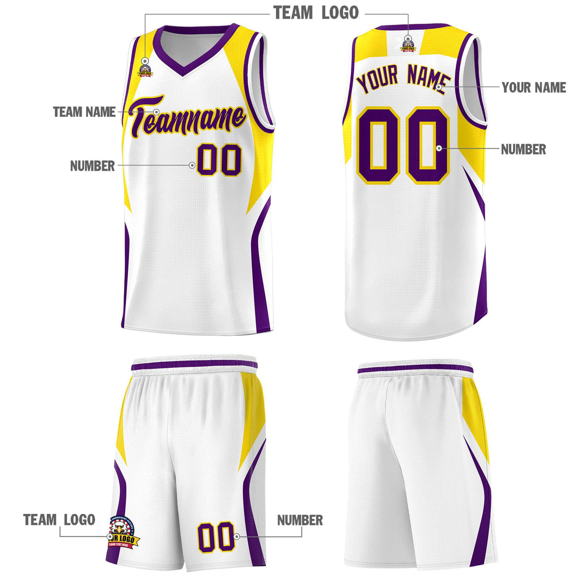 Custom White Gold and Purple Color Block Sports Uniform Basketball Jersey