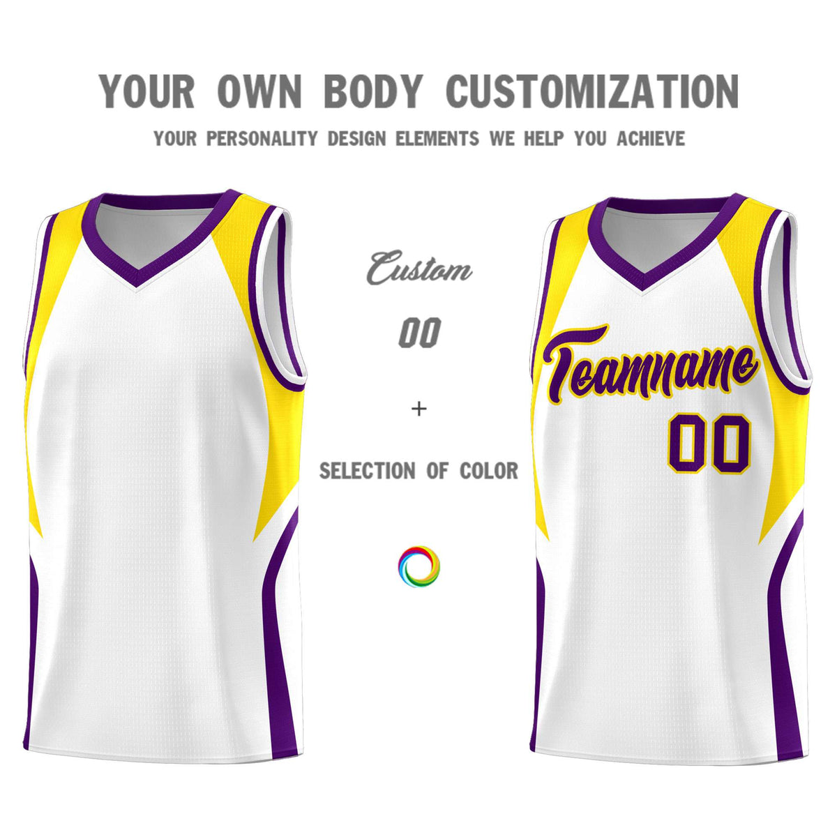 Custom White Gold and Purple Color Block Sports Uniform Basketball Jersey