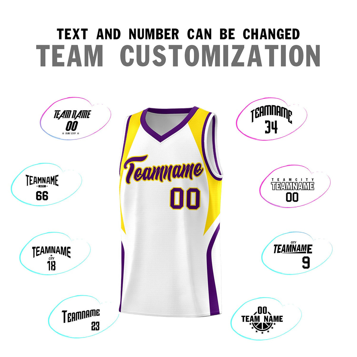 Custom White Gold and Purple Color Block Sports Uniform Basketball Jersey