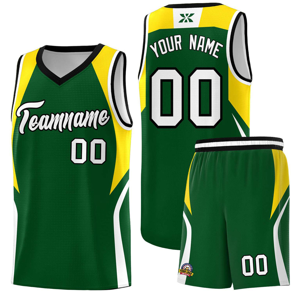 Custom Hunter Green Gold and White Color Block Sports Uniform Basketball Jersey