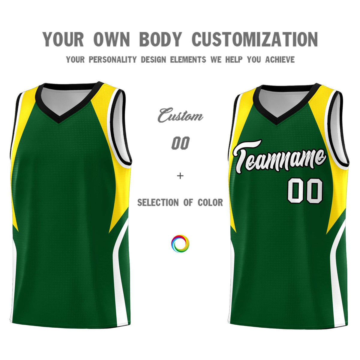 Custom Hunter Green Gold and White Color Block Sports Uniform Basketball Jersey