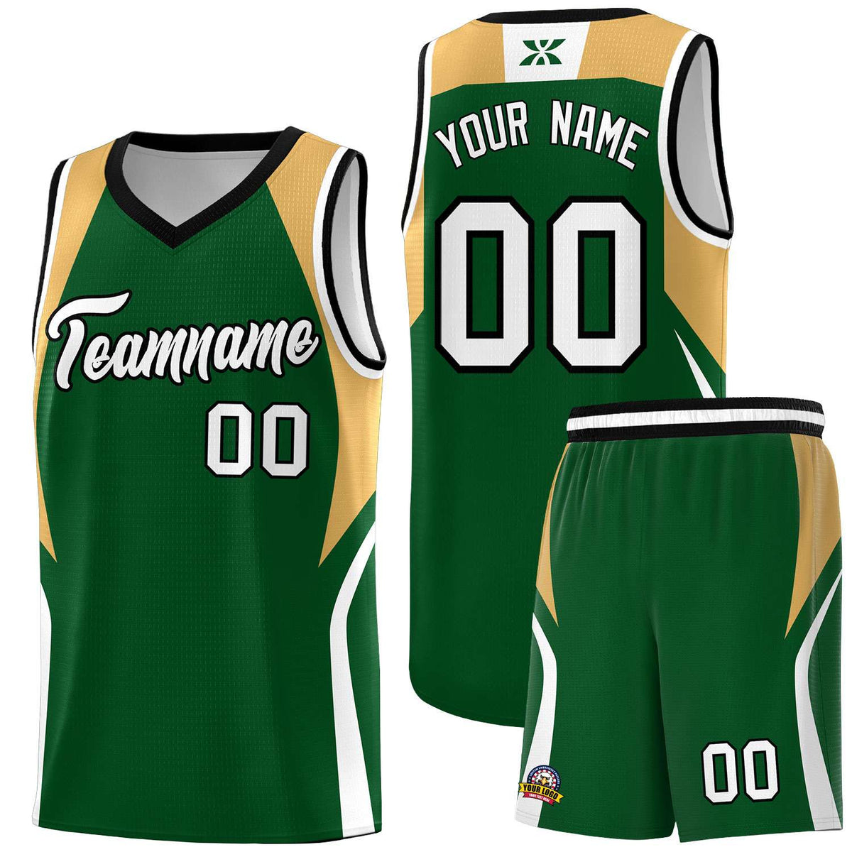 Custom Green Buckskin Brown and White Color Block Sports Uniform Basketball Jersey