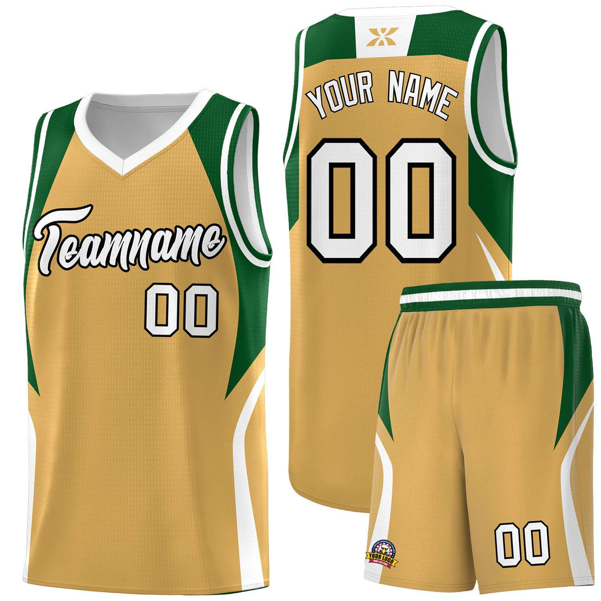 Custom Buckskin Brown Green and White Color Block Sports Uniform Basketball Jersey