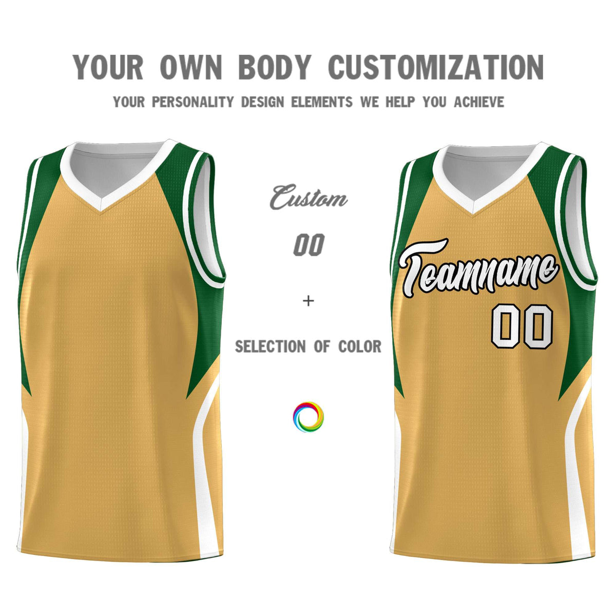 Custom Buckskin Brown Green and White Color Block Sports Uniform Basketball Jersey