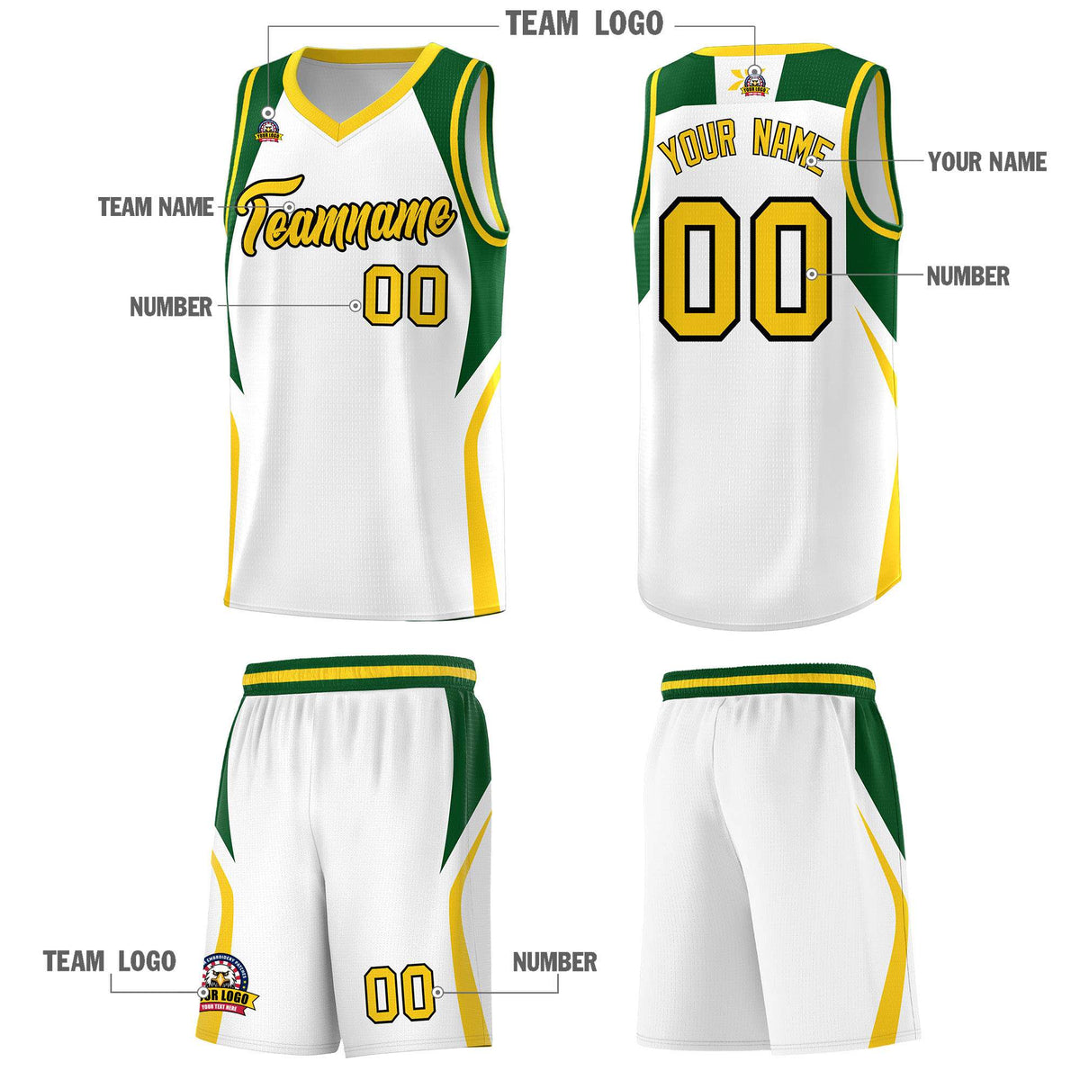 Custom White Hunter Green and Gold Color Block Sports Uniform Basketball Jersey