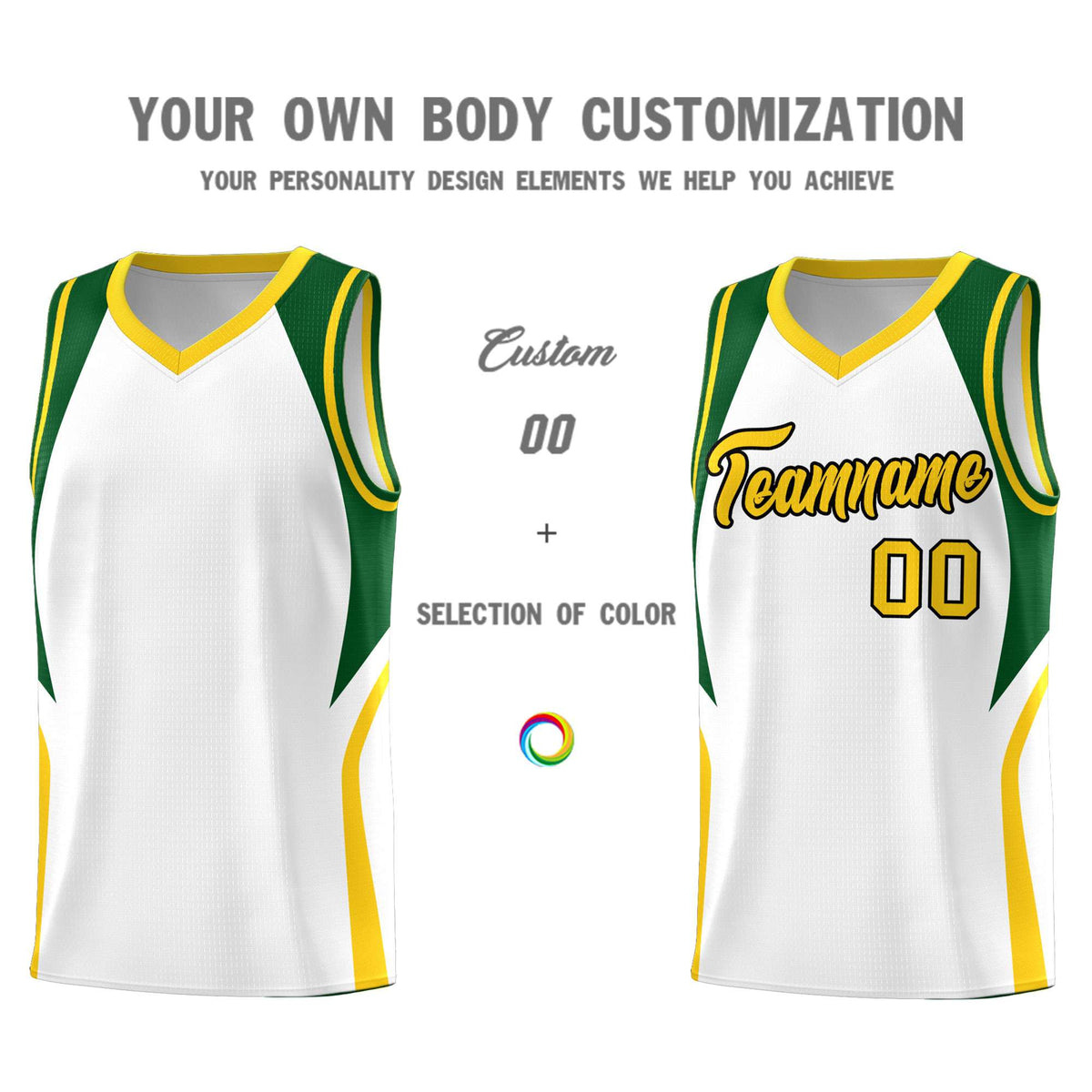 Custom White Hunter Green and Gold Color Block Sports Uniform Basketball Jersey