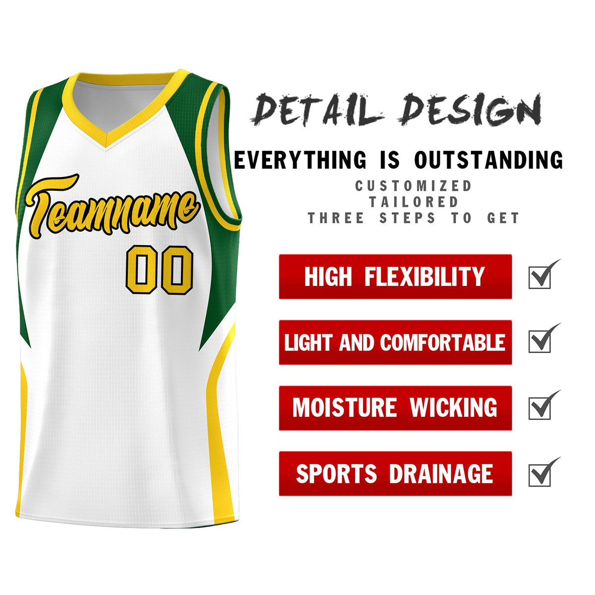Custom White Hunter Green and Gold Color Block Sports Uniform Basketball Jersey