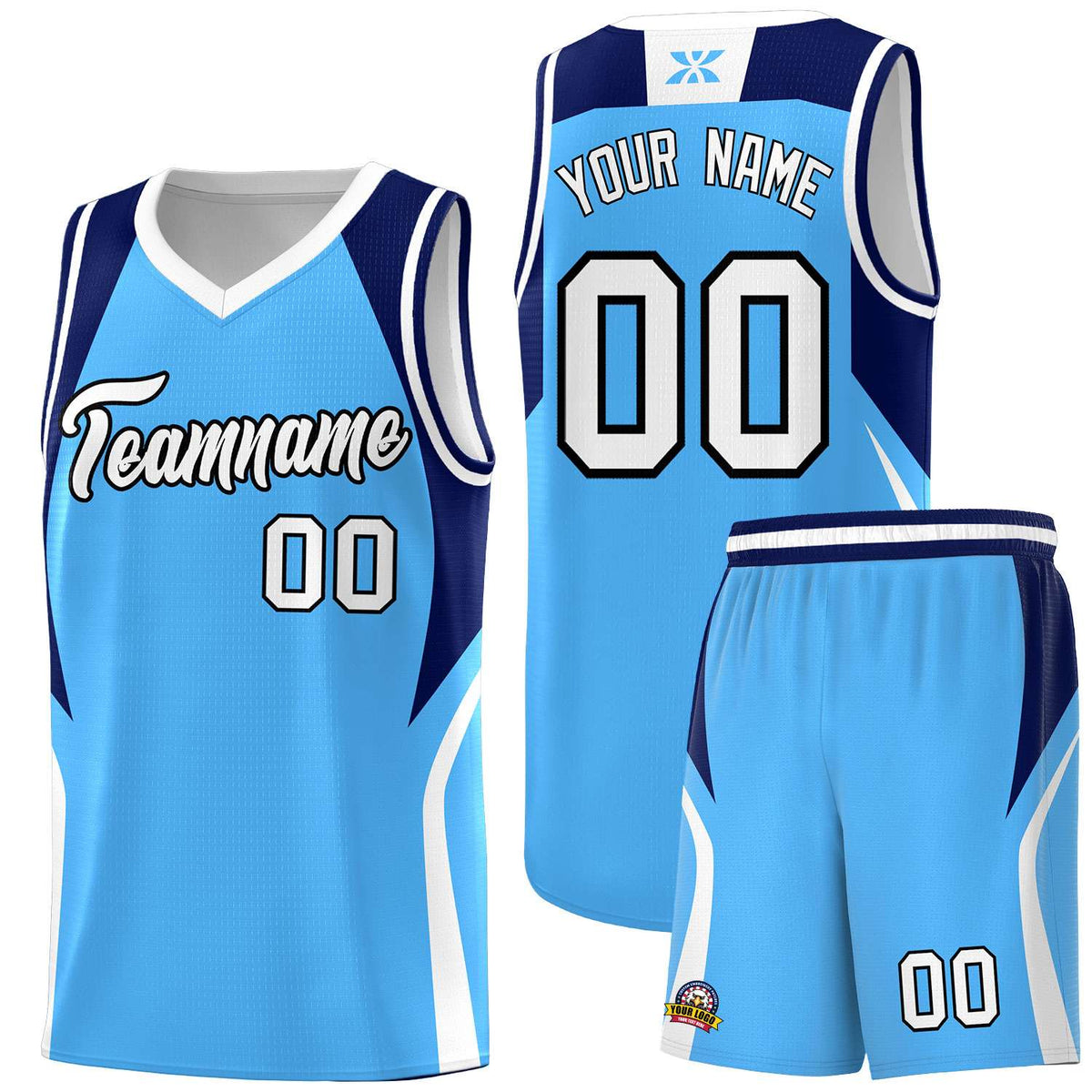 Custom Powder Blue Navy and White Color Block Sports Uniform Basketball Jersey