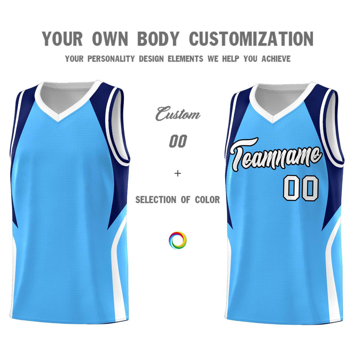 Custom Powder Blue Navy and White Color Block Sports Uniform Basketball Jersey