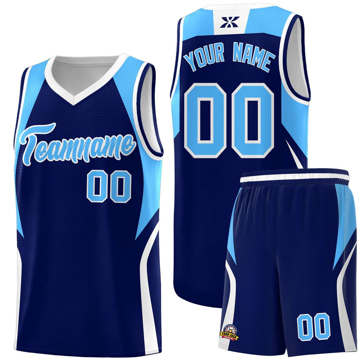 Custom Navy Powder Blue and White Color Block Sports Uniform Basketball Jersey
