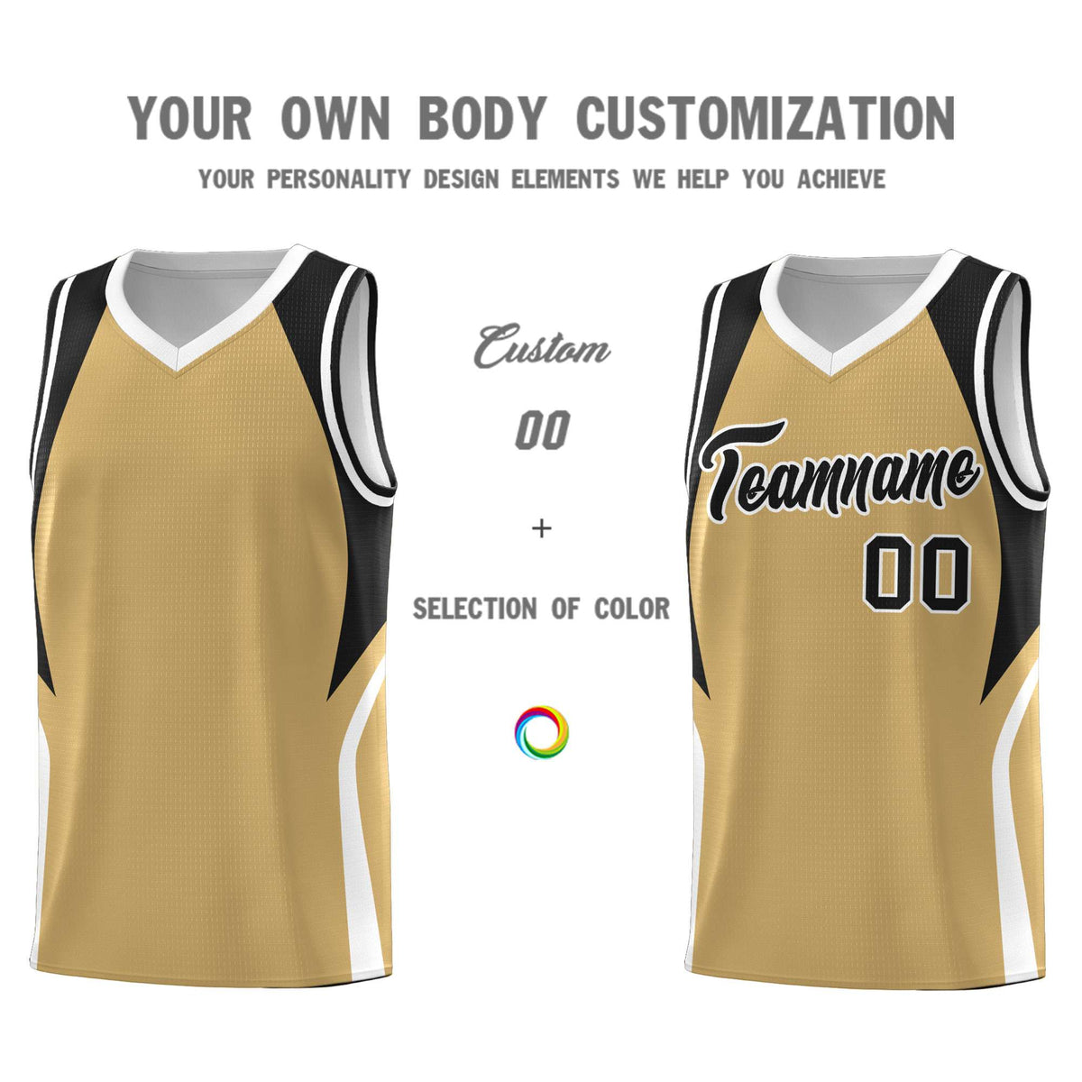 Custom Old Gold Black and White Color Block Sports Uniform Basketball Jersey