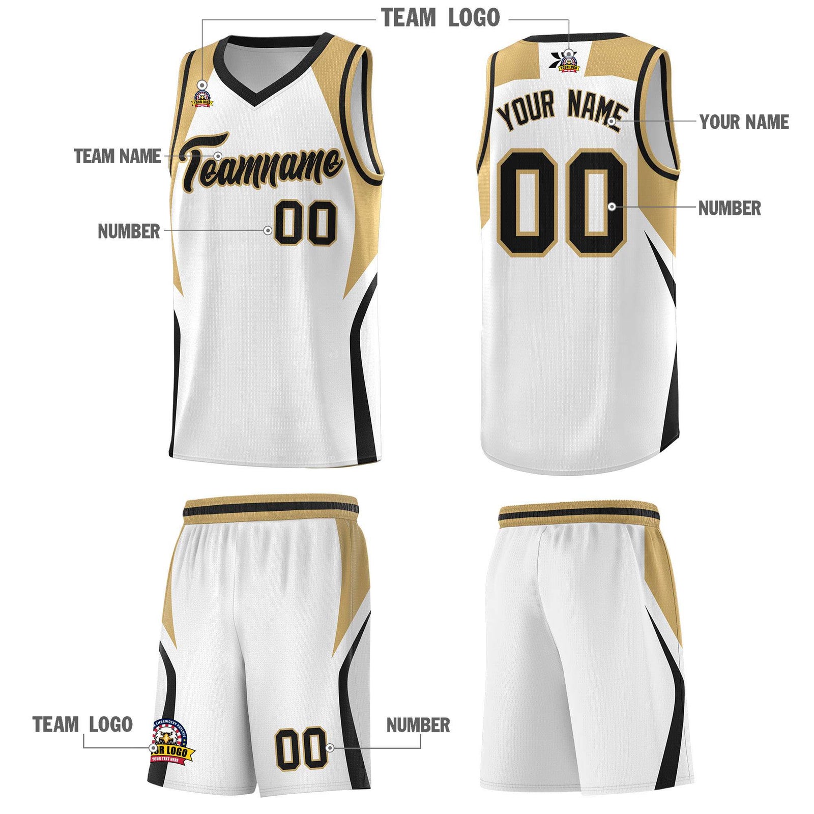 Custom White Old Gold and Black Color Block Sports Uniform Basketball Jersey