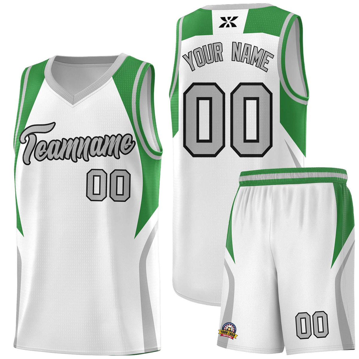 Custom White Green and Gray Color Block Sports Uniform Basketball Jersey